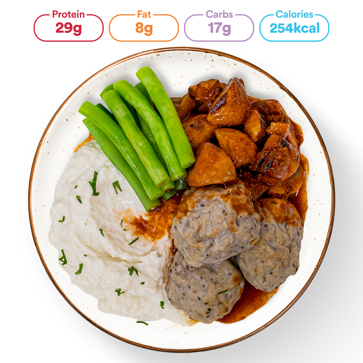 Chicken Rissoles with Stroganoff Sauce, Green Beans and Mashed Cauliflower